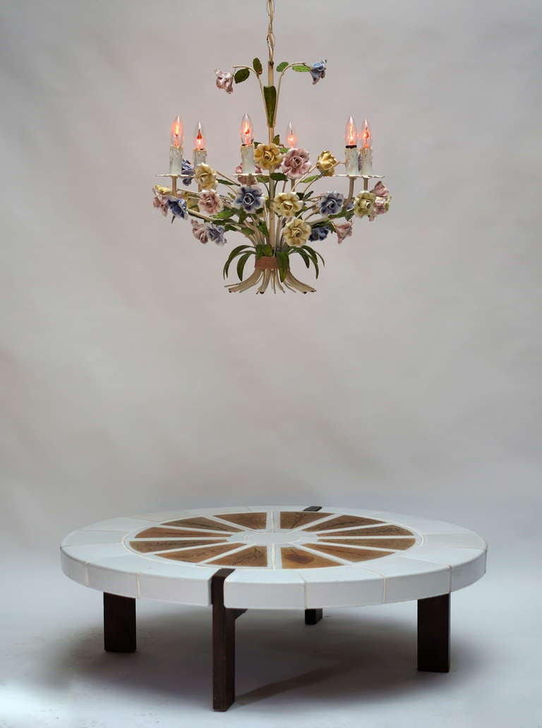 Italian Tole Chandelier with Porcelain Flowers 2