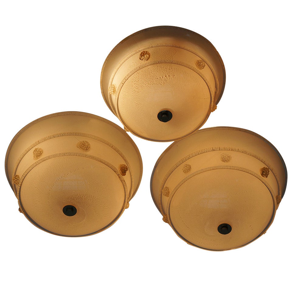 Three Murano Glass Ceiling Light Flush Mount with Gold Inclusions by Barovier 