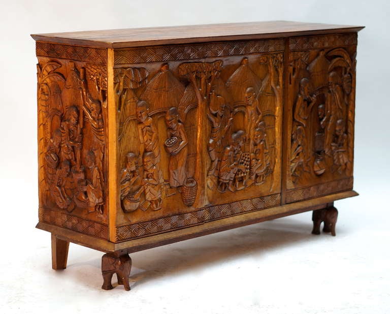 Hand-Carved 1950s Carved Wooden Cabinet from Congo For Sale