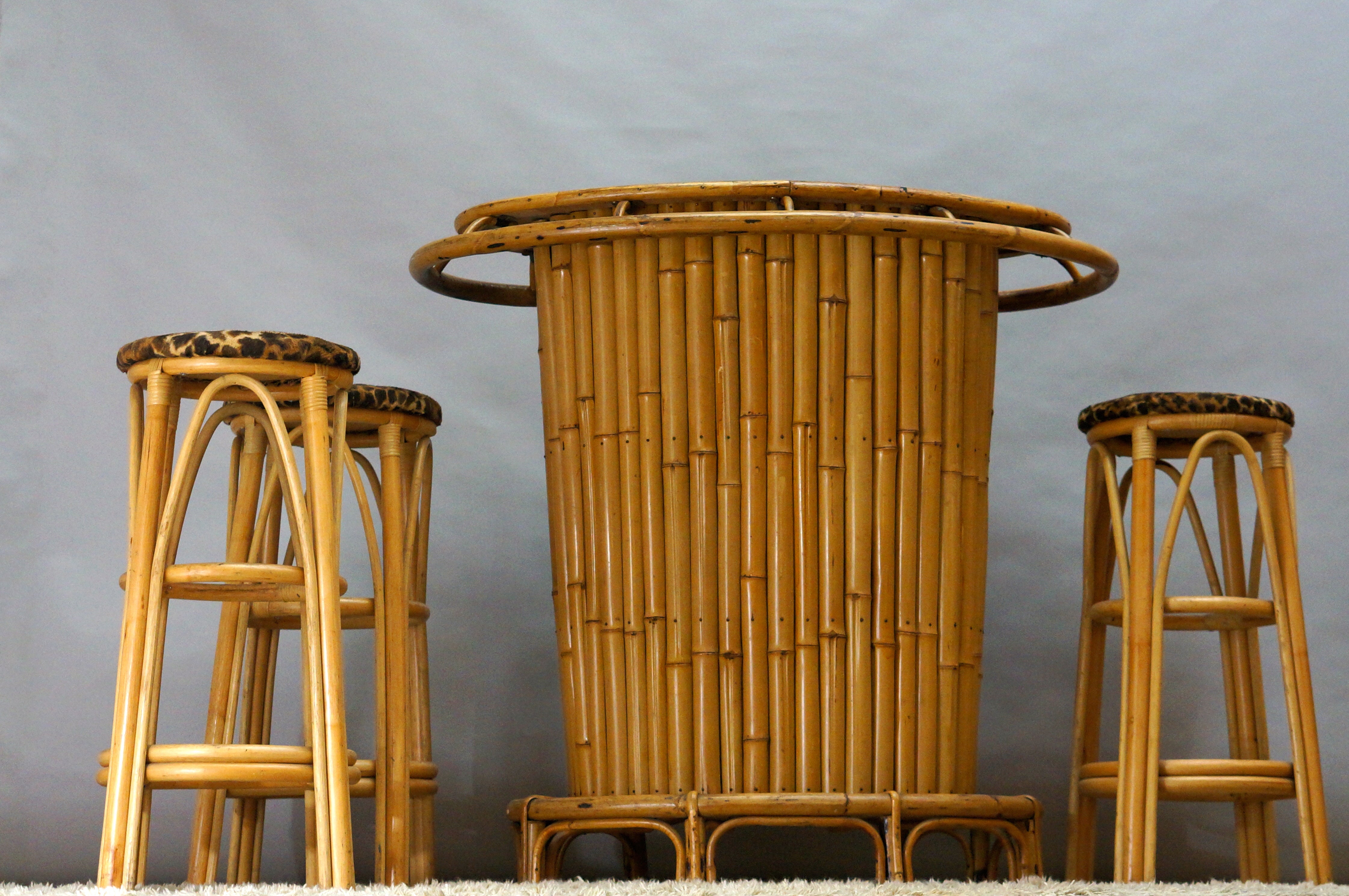 French 1950s Bamboo Bar with Three Stools