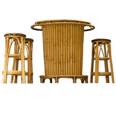 French 1950s Bamboo Bar with Three Stools
