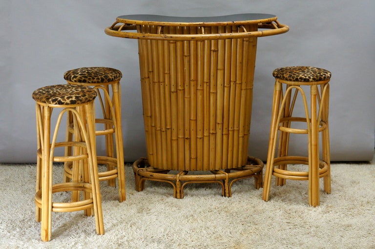 French 1950s Bamboo Bar with Three Stools 1