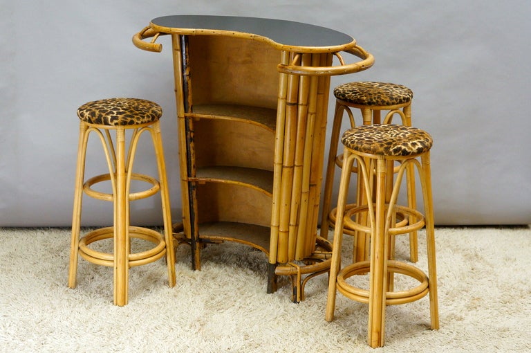 French 1950s Bamboo Bar with Three Stools 3