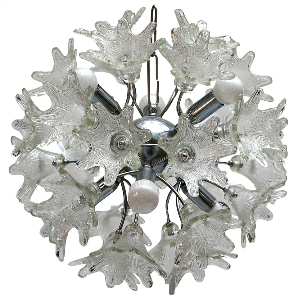 Two Murano Floral Sputnik Chandeliers with Textured Clear Petals
