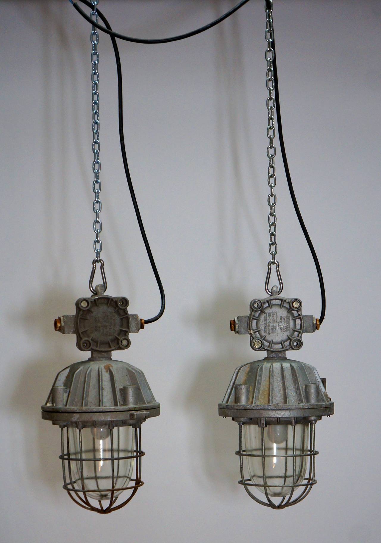 Polish pair of vintage industrial lights for sale