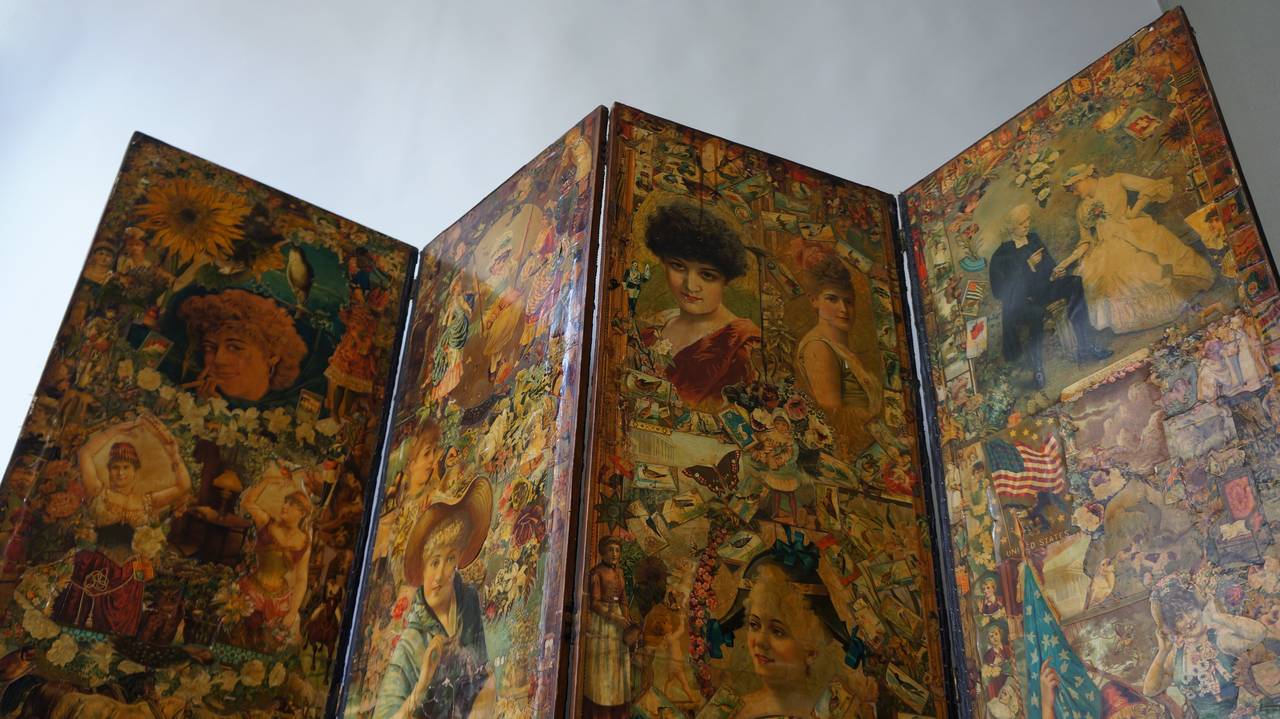 English Decoupage Folding Screen Featuring a Collage of Figures