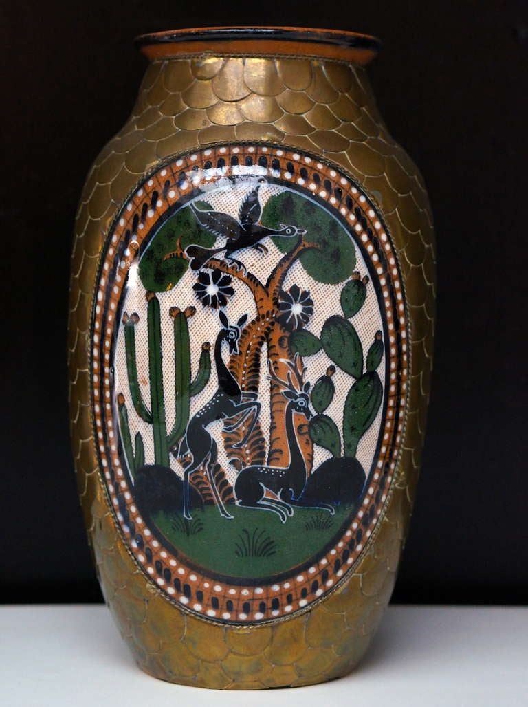 Great looking ceramic vase from the 1930s clad in copper with a naturalist scene which has been applied using enamel paint. Beautiful undamaged condition.