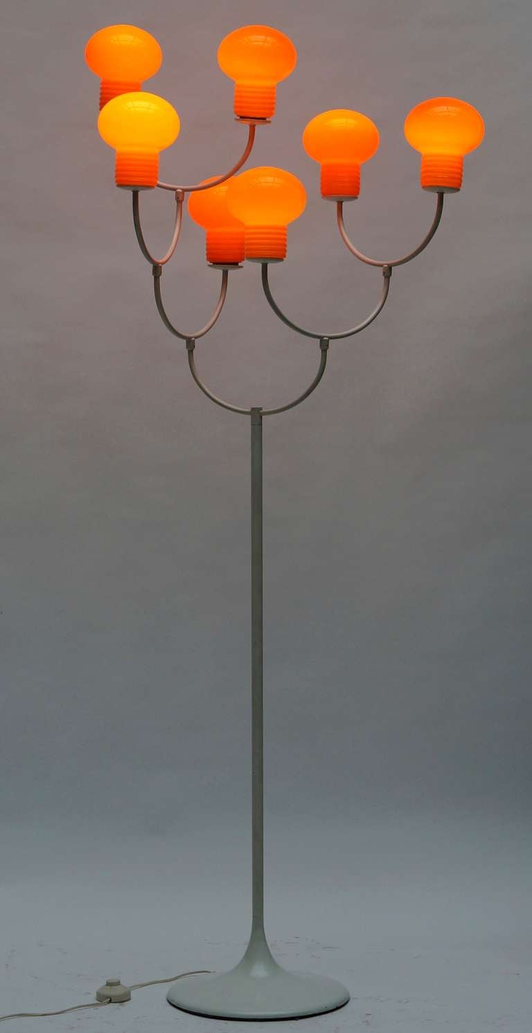 Floor lamp with seven orange glass shades in the style of  Werner Panton.

Height:170 cm.
Diameter:65 cm.
