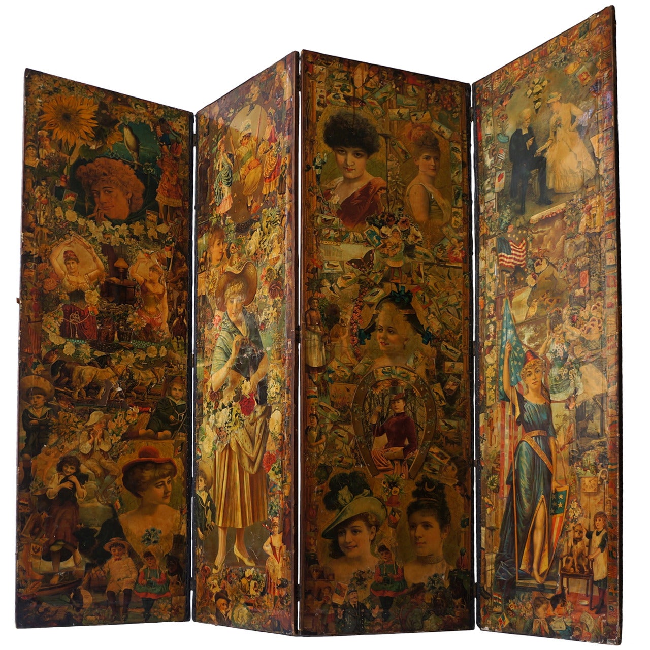 Decoupage Folding Screen Featuring a Collage of Figures