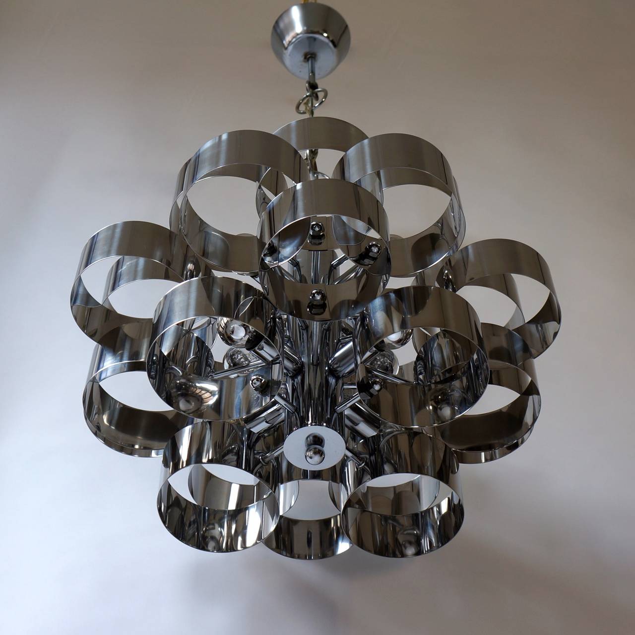 One of Two Italian Chrome Loop Chandeliers by Sciolari For Sale 2