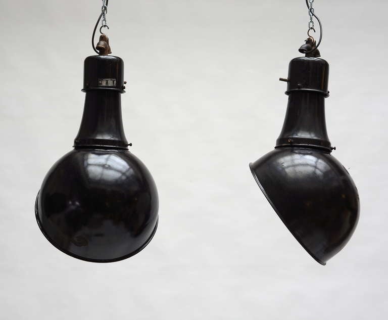 Unknown Pair of Black Industrial Hanging Lamps For Sale