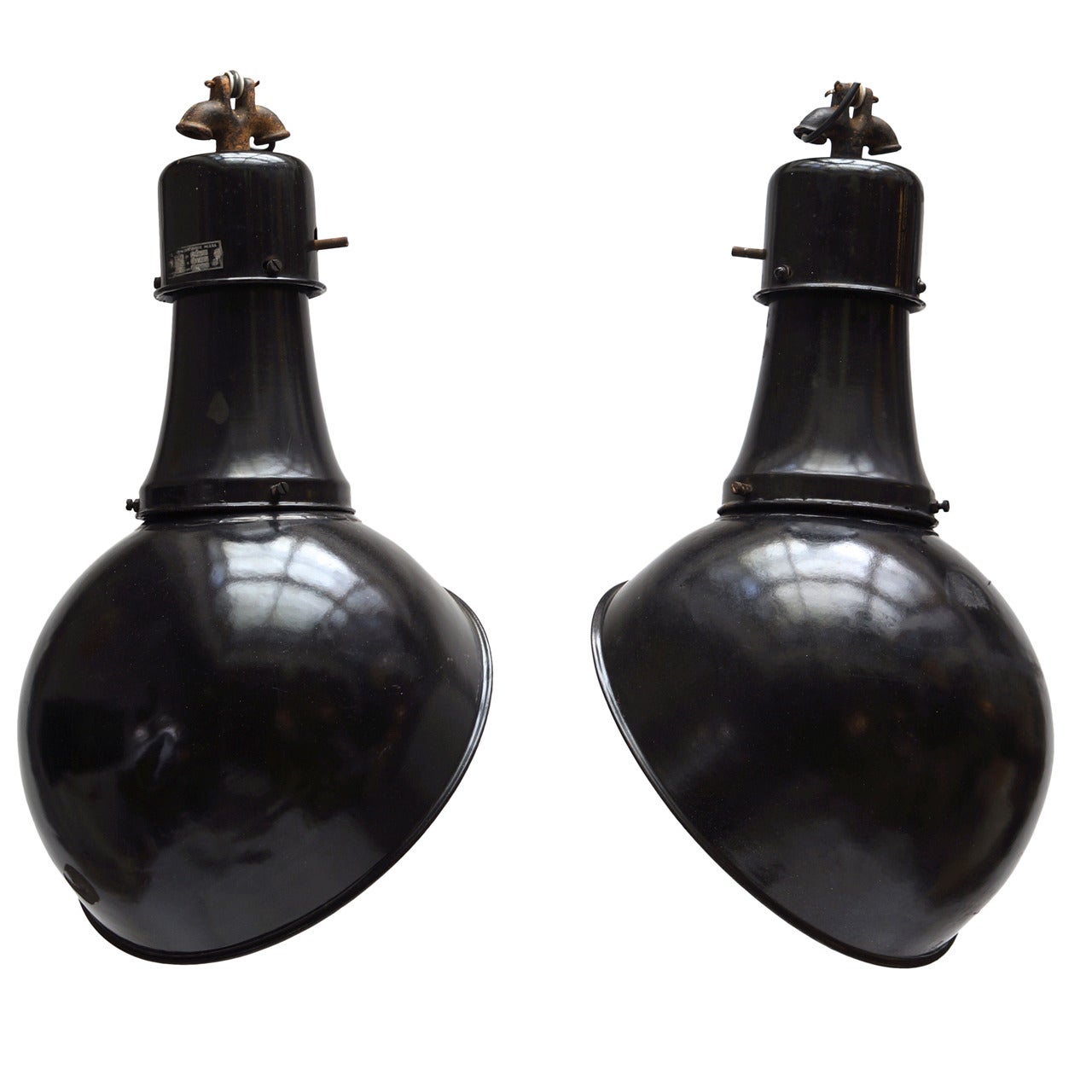 Pair of Black Industrial Hanging Lamps For Sale
