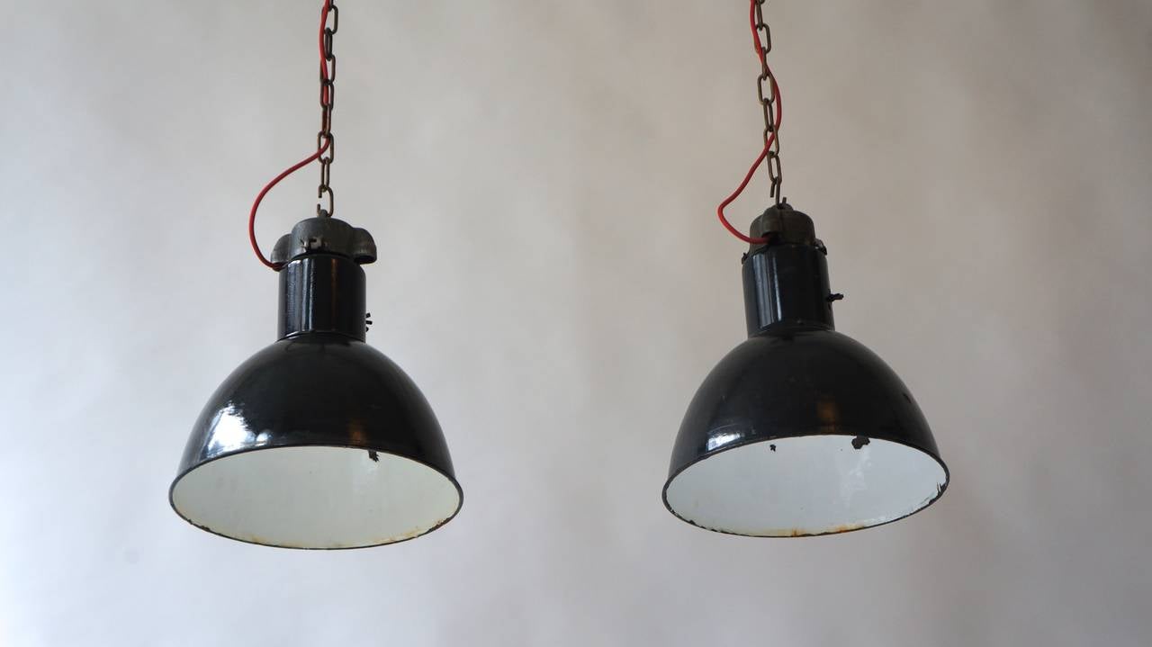 Polish Pair of Industrial Pendant Lights For Sale