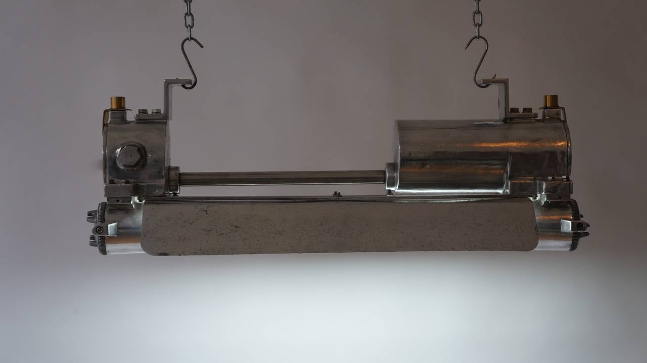 1970s Industrial Cast Aluminium, Glass and Brass Flameproof Strip Light & Shade In Good Condition For Sale In Antwerp, BE