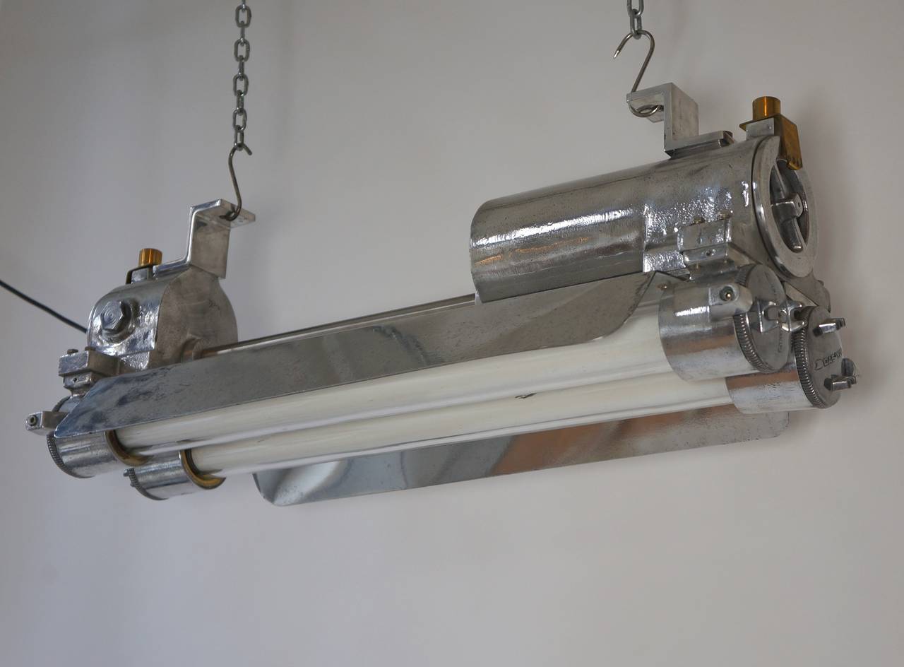 20th Century 1970s Industrial Cast Aluminium, Glass and Brass Flameproof Strip Light & Shade For Sale