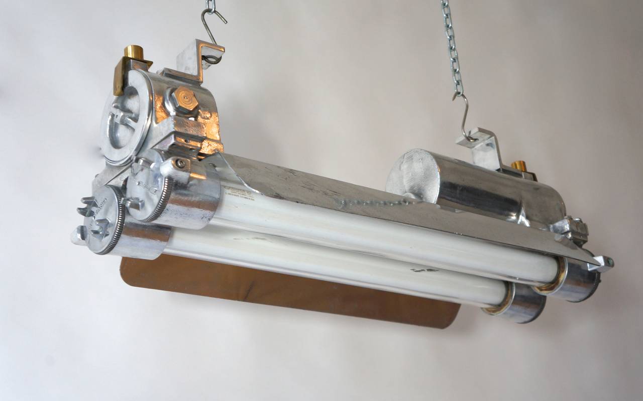 Metal 1970s Industrial Cast Aluminium, Glass and Brass Flameproof Strip Light & Shade For Sale