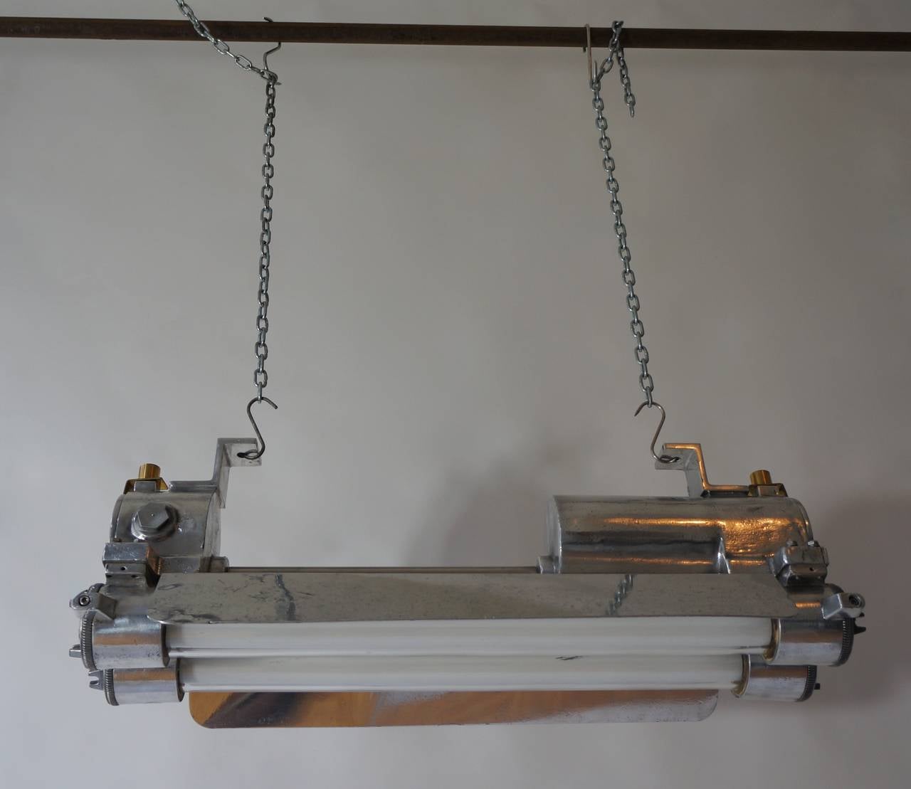 1970s Industrial Cast Aluminium, Glass and Brass Flameproof Strip Light & Shade For Sale 2