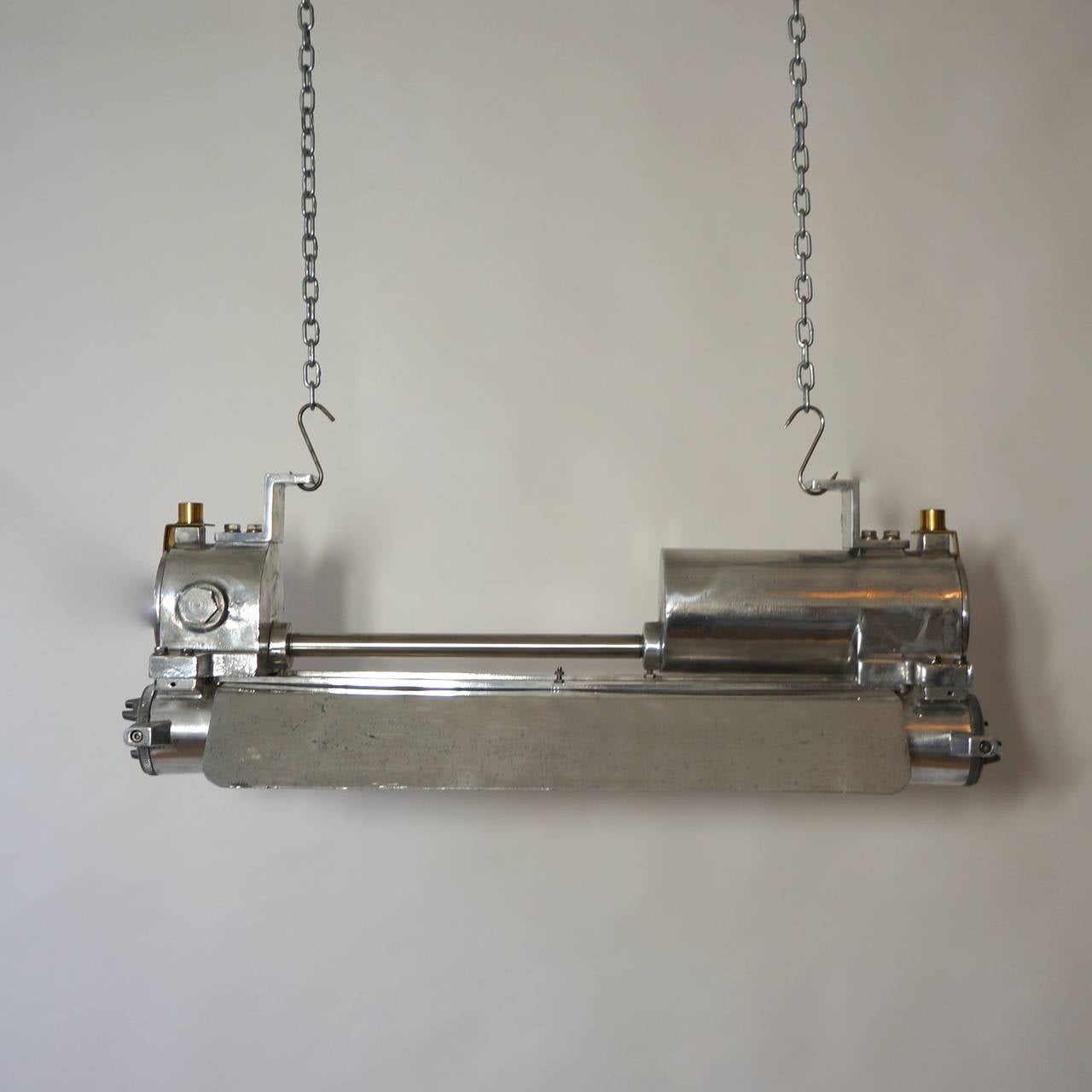 1970s Industrial Cast Aluminium, Glass and Brass Flameproof Strip Light & Shade For Sale 1