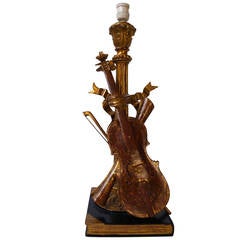 Wood Carved Table Lamp with Violin