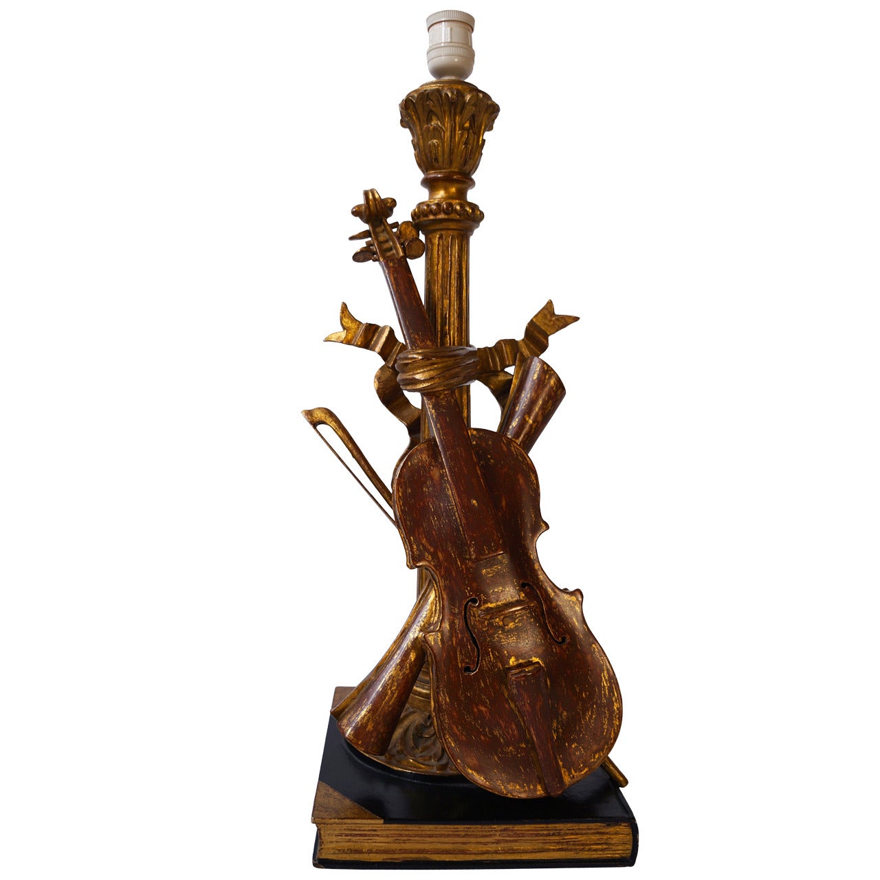 Wood Carved Table Lamp with Violin