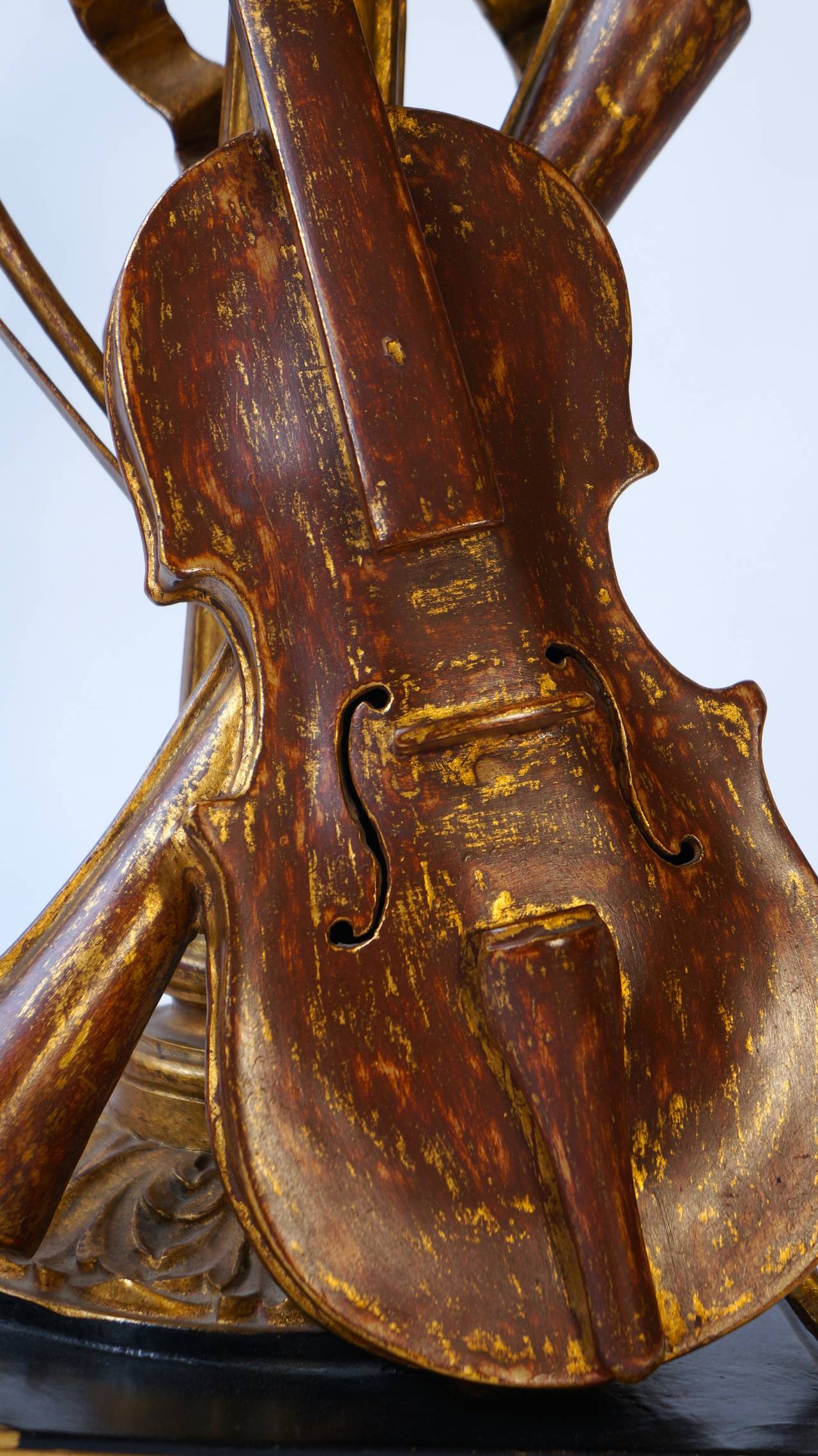 Mid-Century Modern Wood Carved Table Lamp with Violin