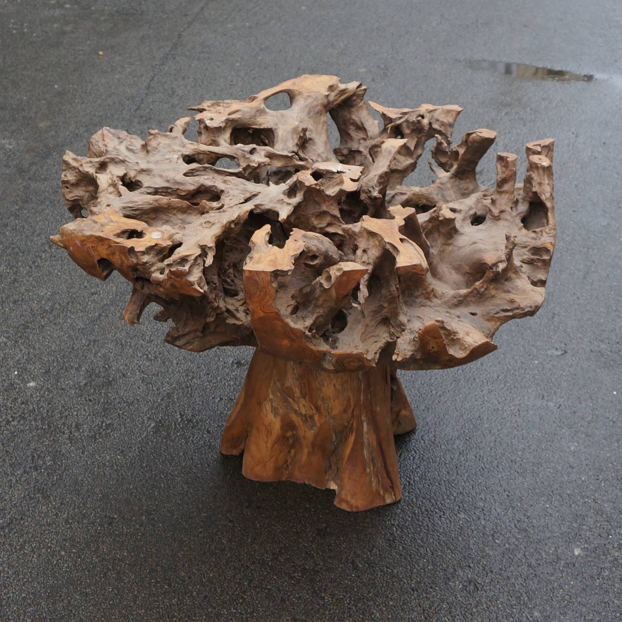 Glass-top burl wood and tree trunk table.
Glass:130 cm.