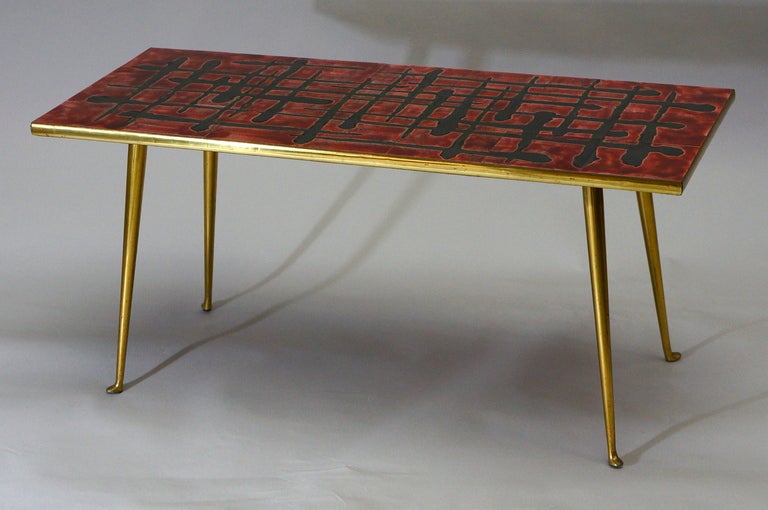 Brass 1950s French Ceramic Topped Coffee Table Signed C. De Savigny