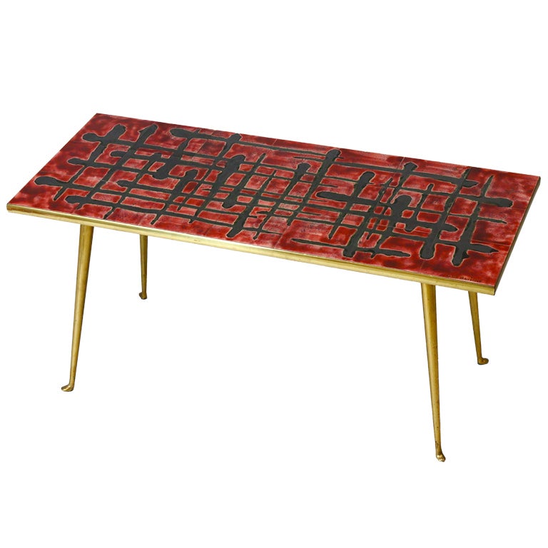 A 1950s French Ceramic Topped Coffee Table Signed C. De Savigny at 1stdibs