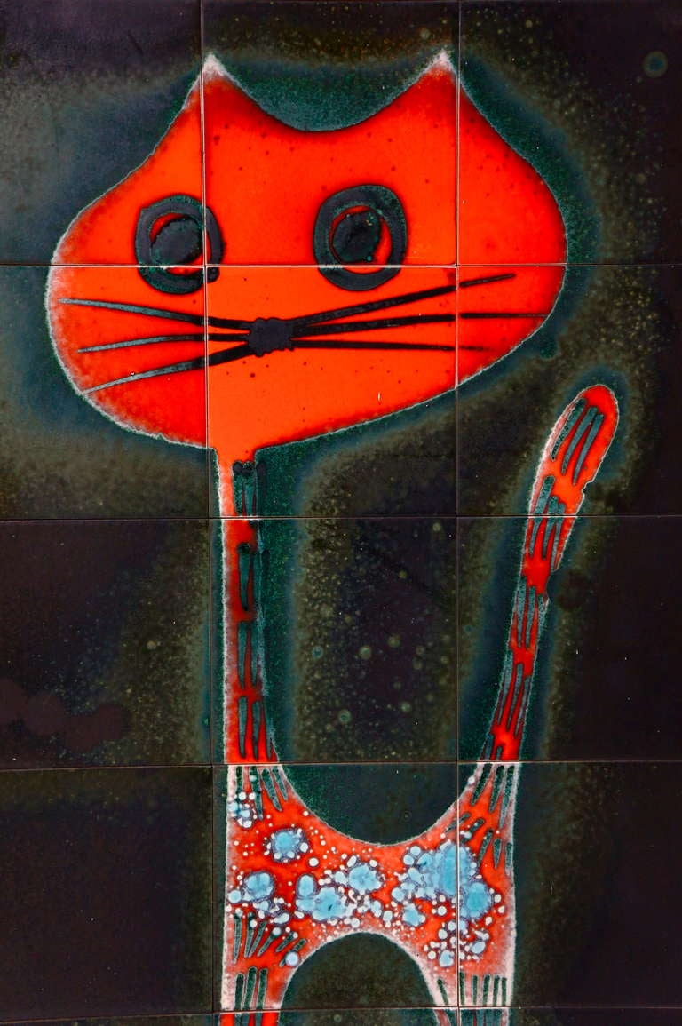 Mid-Century Modern Décoration murale en carreaux de céramique d'un chat en vente