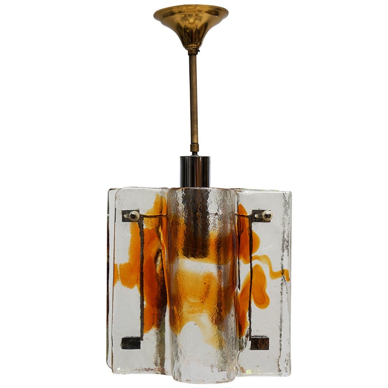 Mazzega Clear and Amber Curved Glass Tile Chandelier on Chrome Frame For Sale