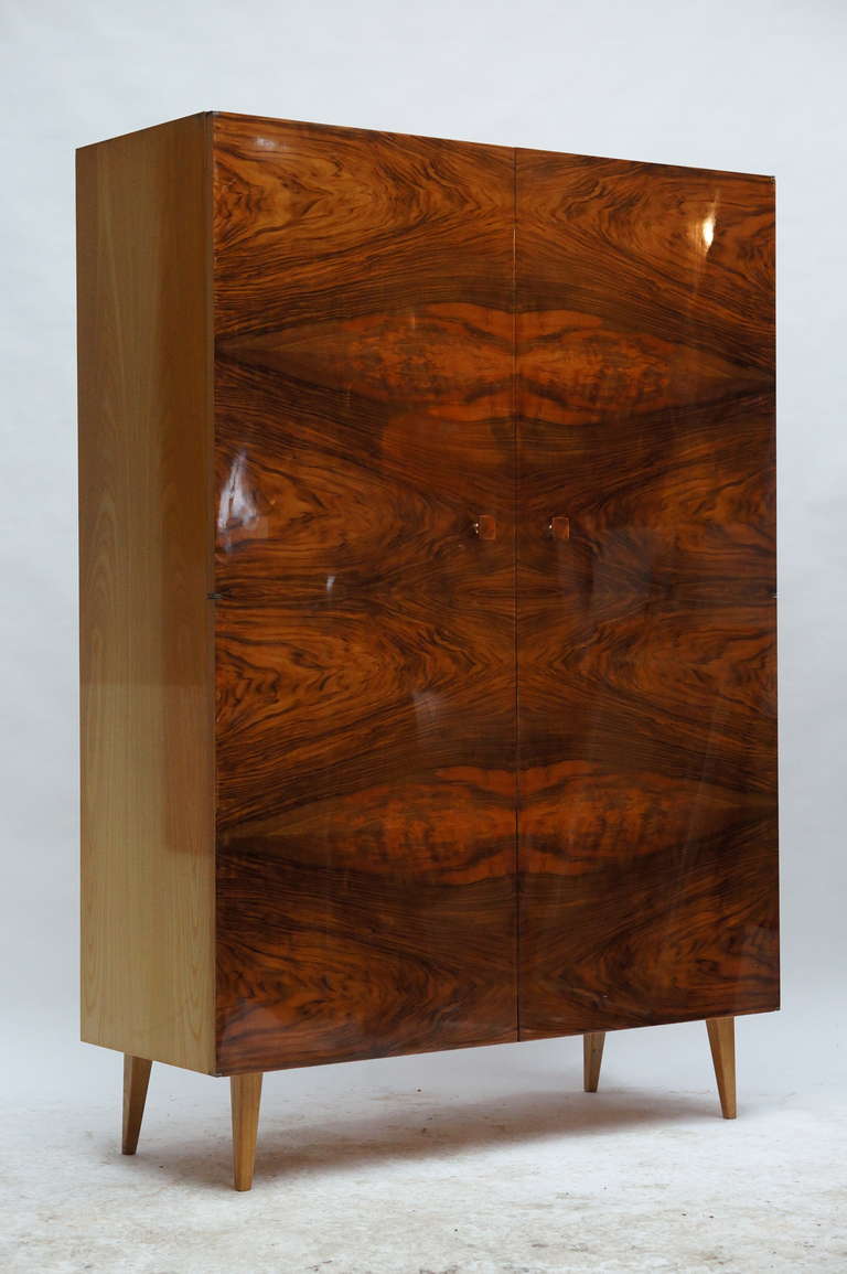Mid-Century Modern Walnut Highboard with Wooden Doors and Tapered Legs