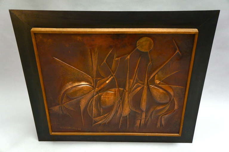 20th Century Copper Hand-Hammered Birds Art Work Wall Decoration Panel, 1990 For Sale
