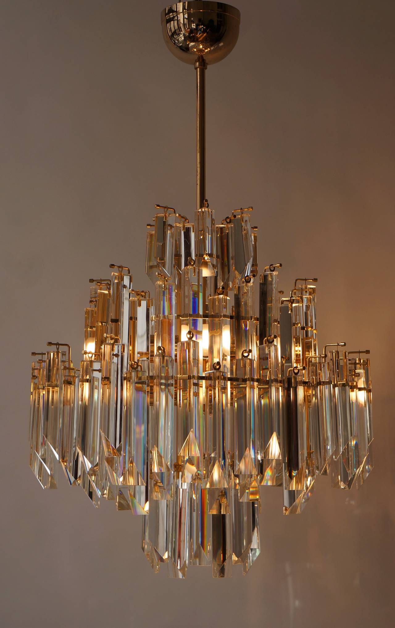 Mid-Century Modern Italian Brass gilt and Murano Crystal Glass Chandelier