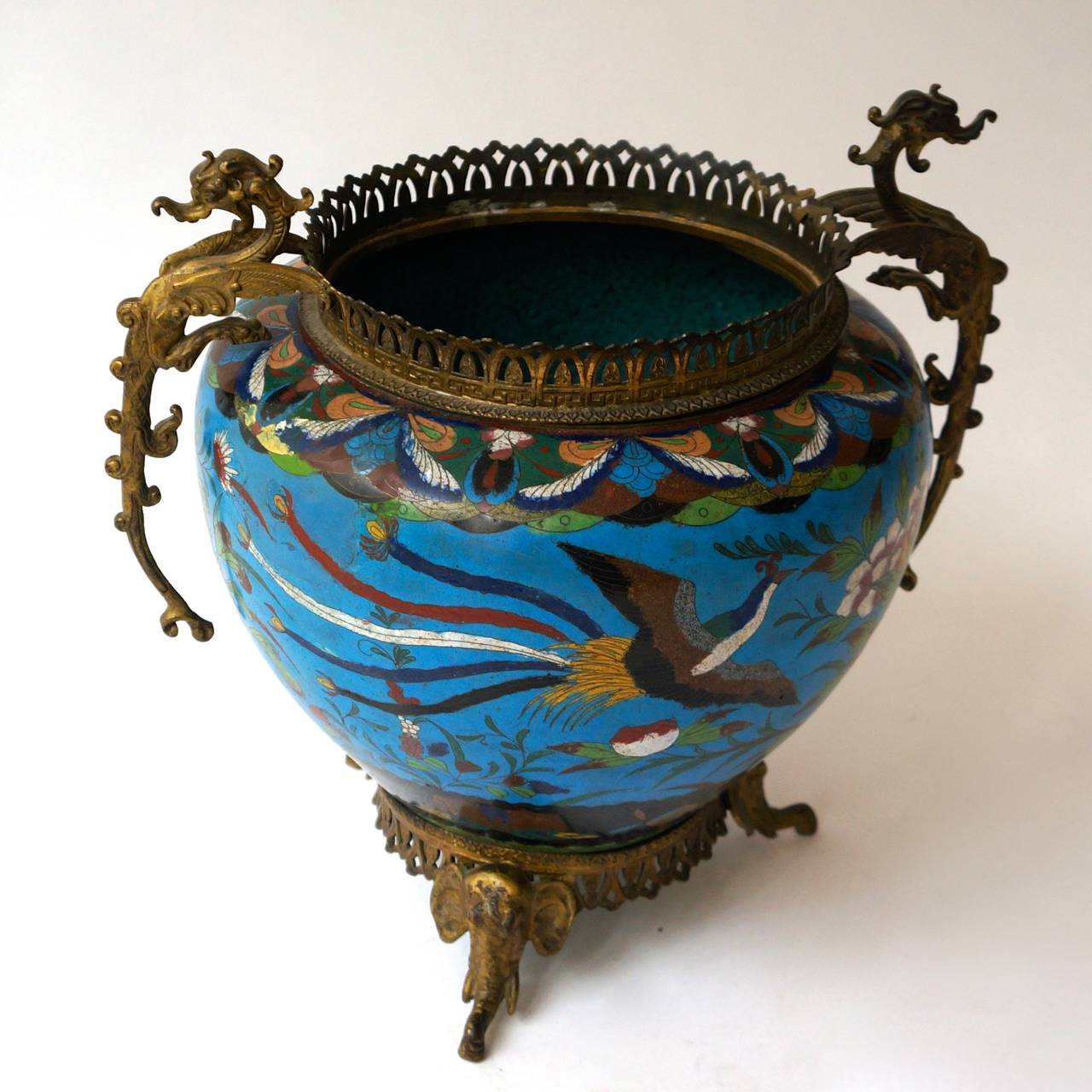 Großer chinesischer Cloisonné-Jardiniere oder Pflanzgefäß (Bronze)