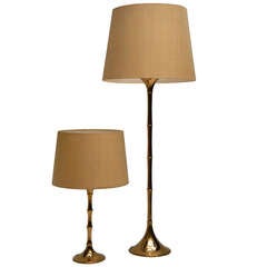 Set of Two Ingo Maurer Bamboo Lamps in Brass