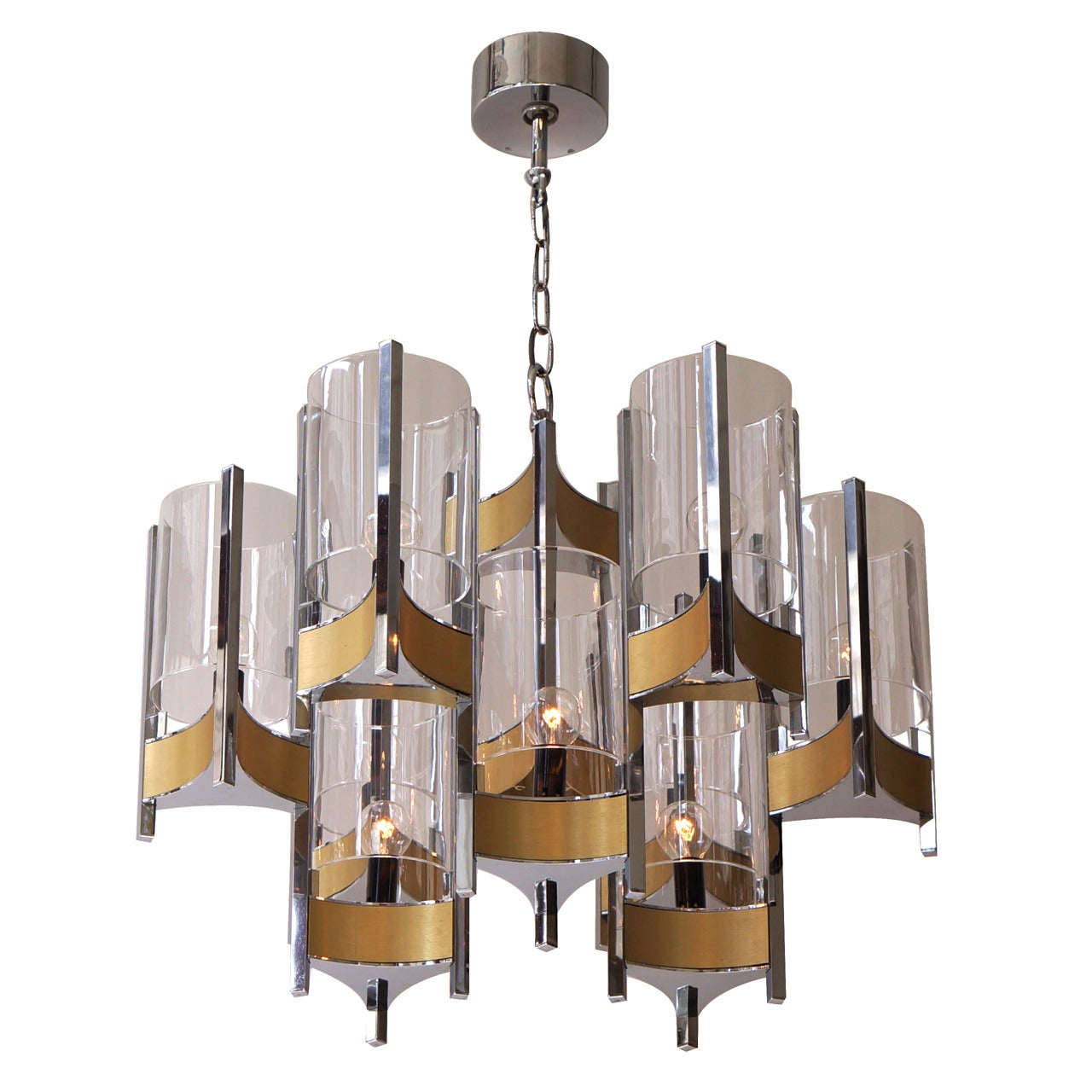 Set of Four Nine-Light Chrome and Glass Chandeliers by Gaetano Sciolari, 1970s For Sale