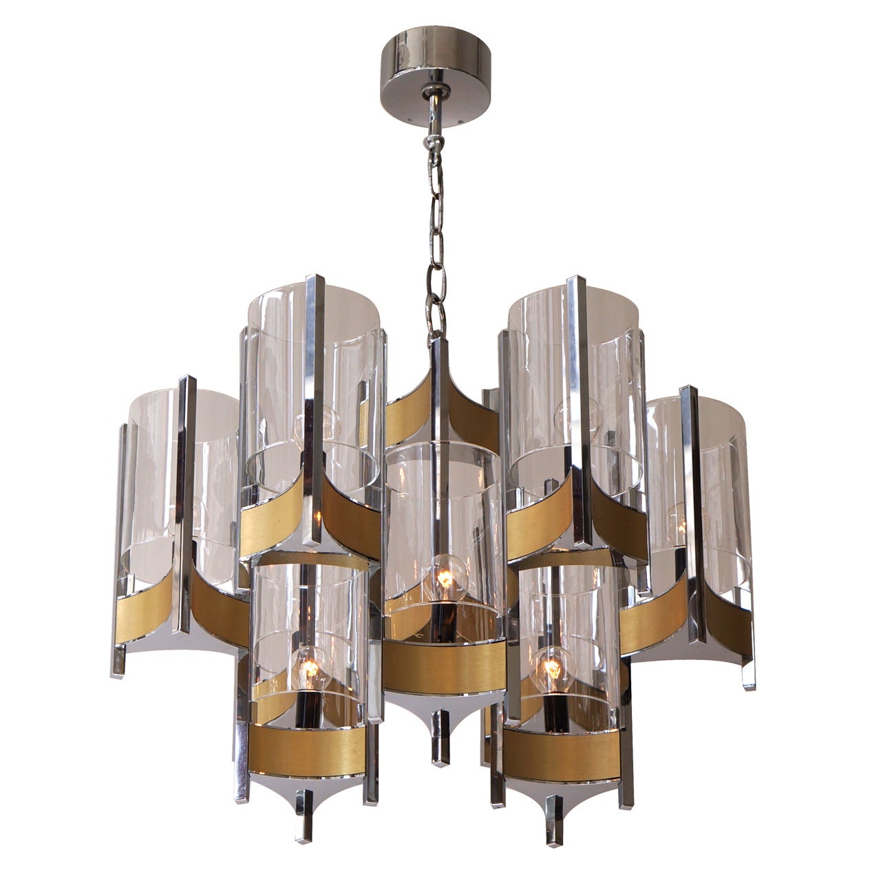 Set of Four Nine-Light Chrome and Glass Chandeliers by Gaetano Sciolari, 1970s