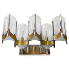 Sciolari Set of Three Brass, Chrome and Glass Cylinder Sconces, Italy, 1970s 6