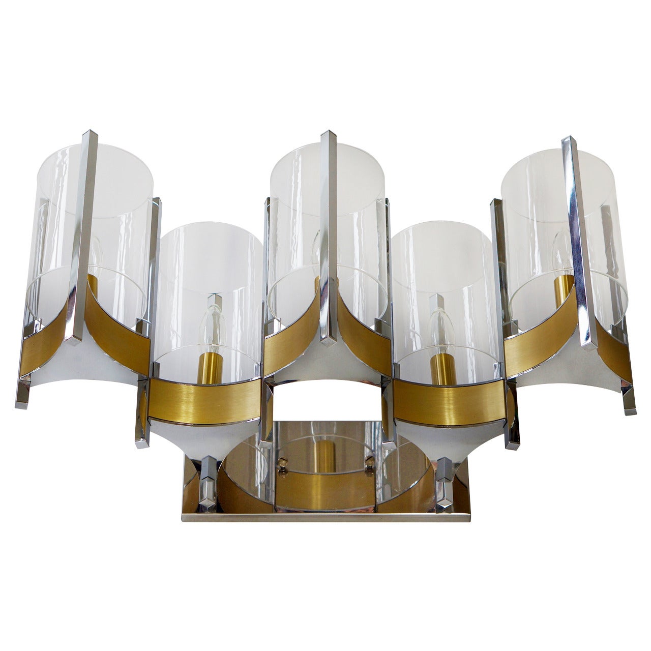 Sciolari Set of Three Brass, Chrome and Glass Cylinder Sconces, Italy, 1970s For Sale