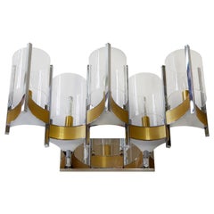 Sciolari Set of Three Brass, Chrome and Glass Cylinder Sconces, Italy, 1970s