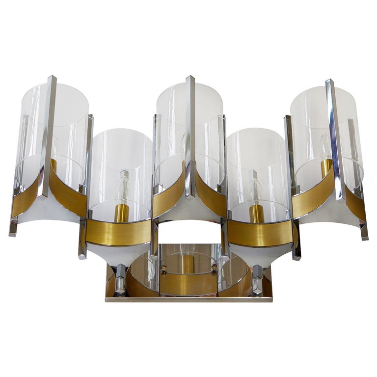 Sciolari Set of Three Brass, Chrome and Glass Cylinder Sconces, Italy, 1970s For Sale