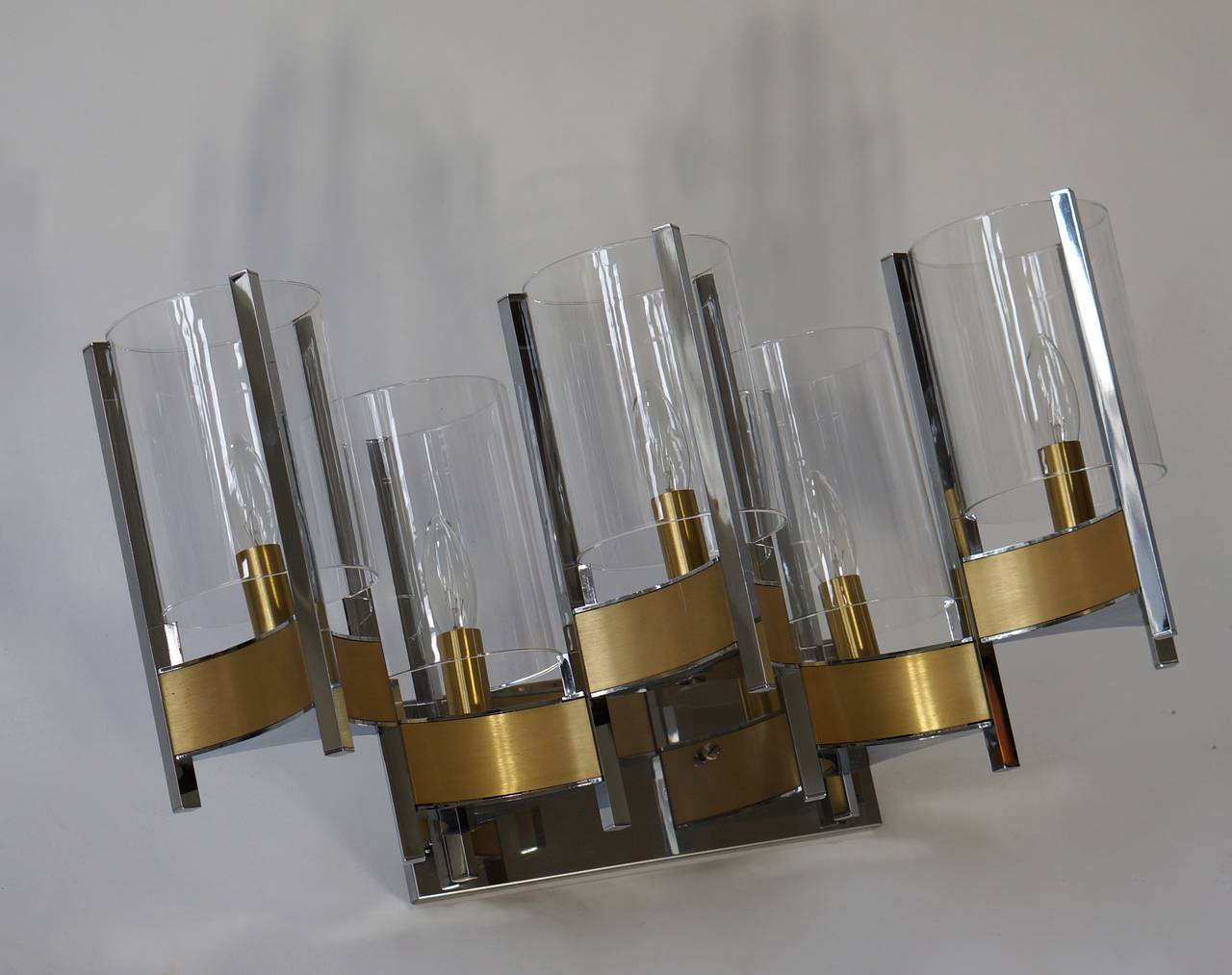 Mid-Century Modern Sciolari Set of Three Brass, Chrome and Glass Cylinder Sconces, Italy, 1970s For Sale