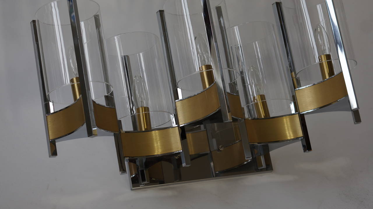 Sciolari Set of Three Brass, Chrome and Glass Cylinder Sconces, Italy, 1970s In Good Condition For Sale In Antwerp, BE