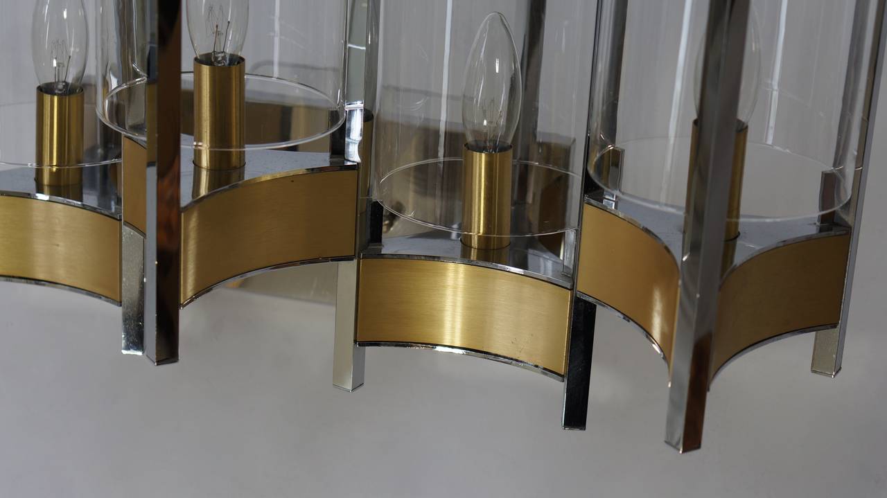 Italian Sciolari Set of Three Brass, Chrome and Glass Cylinder Sconces, Italy, 1970s For Sale