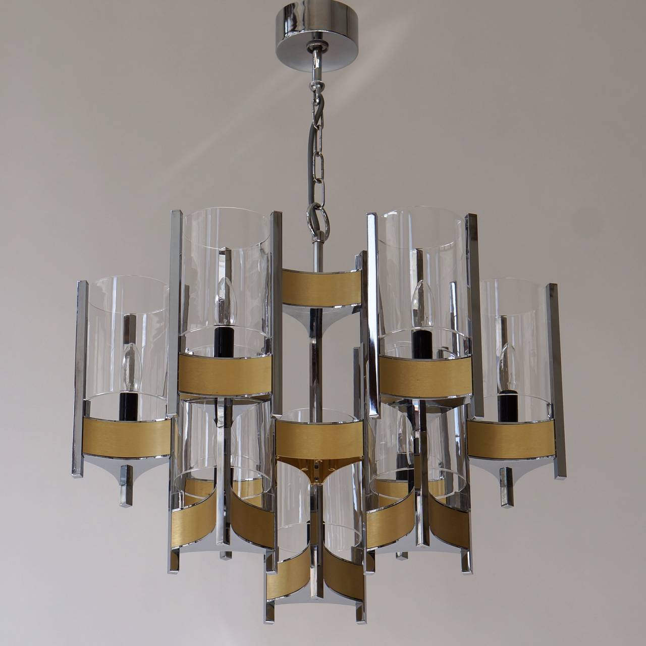 Set of Four Nine-Light Chrome and Glass Chandeliers by Gaetano Sciolari, 1970s For Sale 1