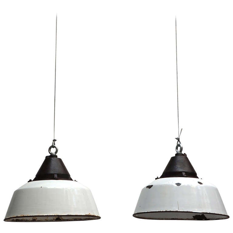 Pair of White Industrial Hanging Lamps