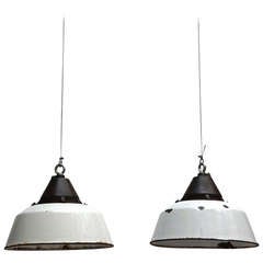 Antique Pair of White Industrial Hanging Lamps