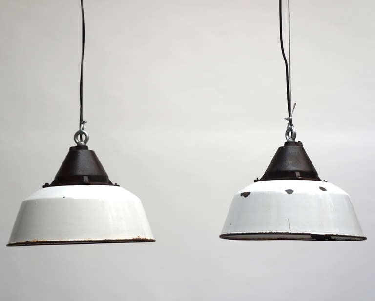 Italian Pair of White Industrial Hanging Lamps