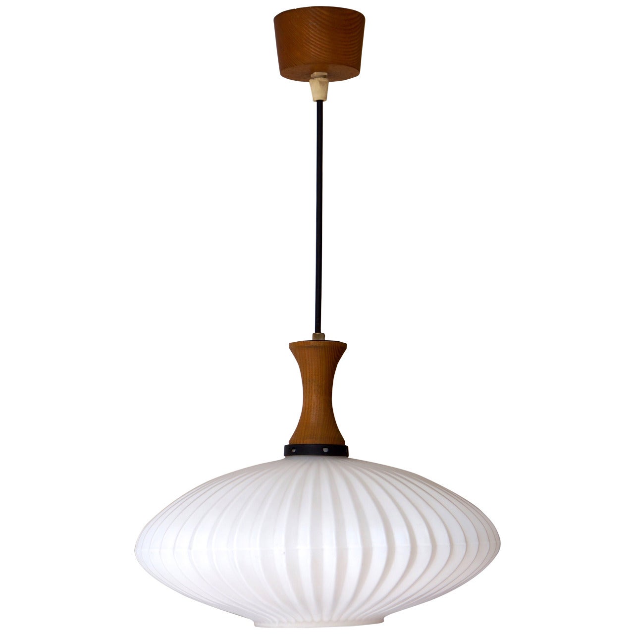 Mid-Century Danish Glass and Wood Chandelier or Pendant Light