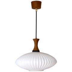Mid-Century Danish Glass and Wood Chandelier or Pendant Light